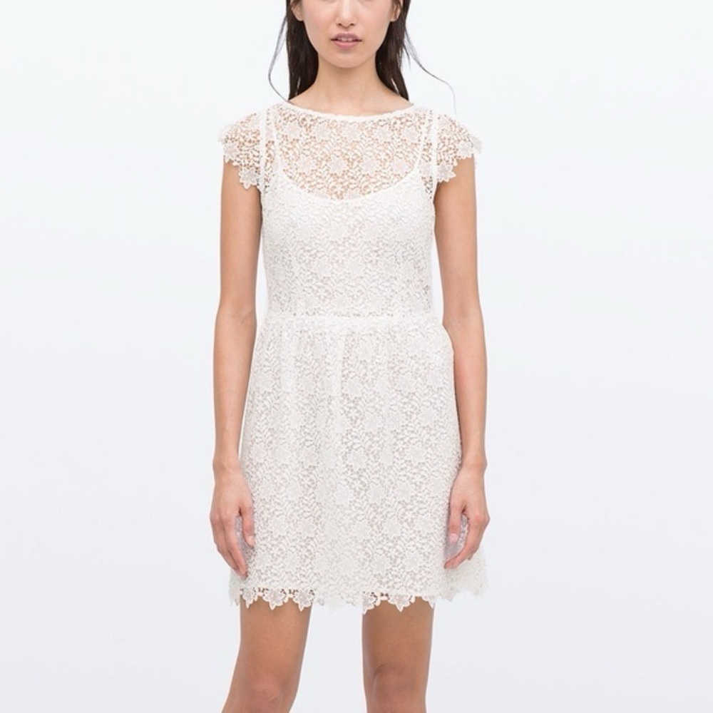 ZARA White Floral Lace Crochet Dress Short Sleeve Cap Sleeve Mini LWD Size Small